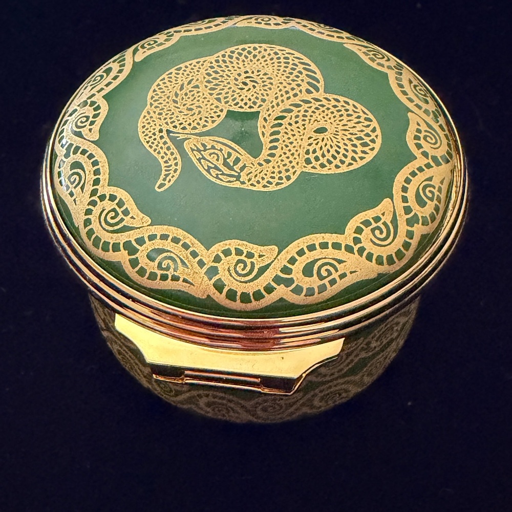 Halcyon Days “Year of the Snake” Enamel Trinket Box – Green & Gold – Mint